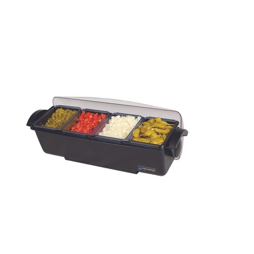 CFS Brands  BD4004  The Dome Condiment Center, 22''L, 12 pint capacity, holds (4) 3 pint deep trays, semi-transparent cover, black polycarbonate base